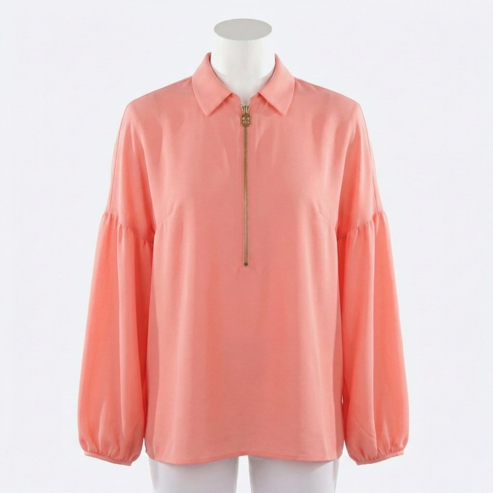 Michael Kors Grapefruit Pink Zip Front Collared Blouse Long Sleeve Top Size L